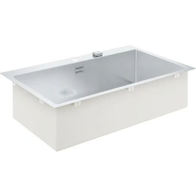 Imagen de GROHE K800 1 cubeta Fregadero de cocina montaje sobre encimera o a ras Medida corte encimera: 831 x 495 mm desagüe automático, sifón, cestillo y set Acero inoxidable 31584SD1