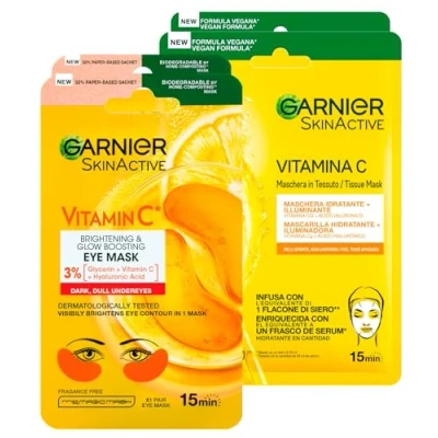 Imagen de Garnier SkinActive Vitamin C Máscara iluminadora para contorno de ojos, ácido hialurónico, tejido biodegradable, 2 aplicaciones + mascarilla desechable hidratante