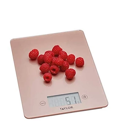 Imagen de Taylor Pro Balanza Digital de Cocina Diseño Ultrafino, Función Peso con Tara, Nivel Profesional Alta Precisión, Compacta, Oro Rosa y Vidrio, 5 kg Capacidad