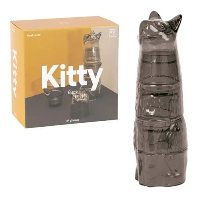 Imagen de Doiy Juego de Vasos Cristal Diseño en Forma Gato Fabricados con para Decorar Apilables Apto Lavavajillas Color Negro 7x8x29cm 4 Unidades