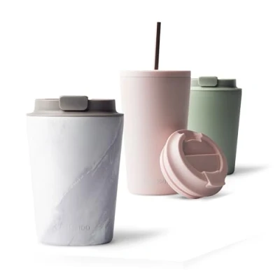 Imagen de MAMEIDO Termo Cafe 350ml Vaso Termico Antigoteo, Taza Termica acero inox sin BPA, para llevar (White Marble, 0,35l)