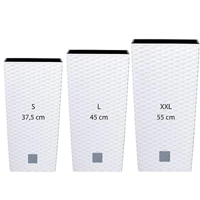 Imagen de Pack 3 macetas altas Prosperplast (11,4/19/35 litros) Rato Square de plastico en color blanco con deposito.