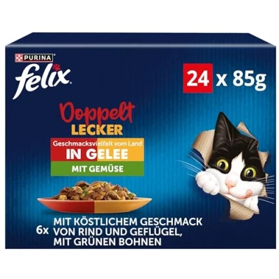 Imagen de FELIX Comida para Gatos Doble Deliciosa húmeda en gelatina, Mezcla de variedades, 4 Unidades (4 x 24 Bolsas 85 g)