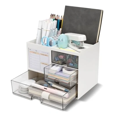 Imagen de organizador de escritorio con 3 cajones, soporte multifuncional para bolígrafos escritorio, y almacenamiento 5 compartimentos, oficina,
