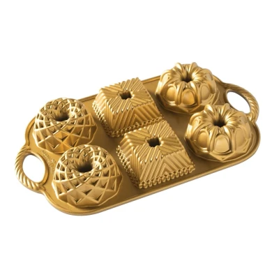Imagen de Nordic Ware Geo Bundtlette molde de aluminio fundido para 6 pasteles, tartas color dorado 91277