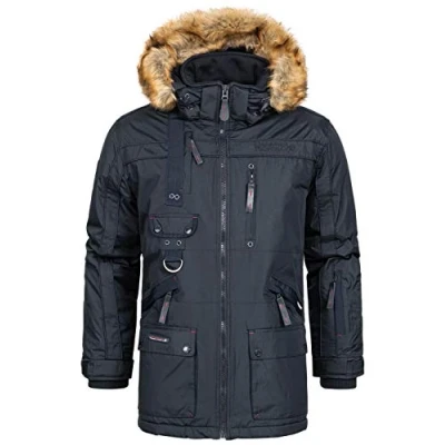 Imagen de Geographical Norway Chirac Men Distribrands Chaqueta Larga Resistente Para Hombre Abrigo Estilo Forro Diseno Aislante Cazadora De Viento Bolsillo Botones (Azul Marino L)