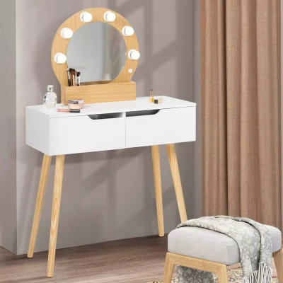 Imagen de IDMarket Tocador escandinavo con 2 cajones Horia madera y blanco espejo LED