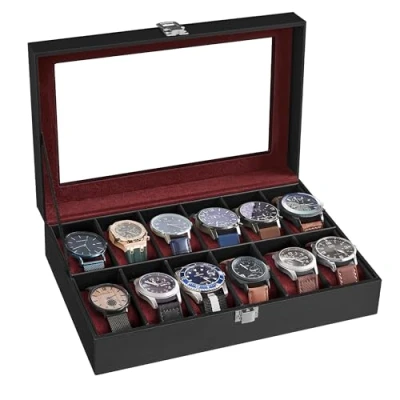 Imagen de SONGMICS Caja de Relojes con 12 Compartimentos, Estuche Tapa Cristal, Cojín Extraíble, Cierre Metálico, Regalo, Cuero Sintético Negro y Forro Rojo Burdeos JWB120R01