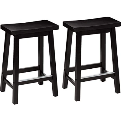 Imagen de Amazon Basics Taburete de madera sólida, cocina, con asiento tipo montura, altura hasta encimera, juego 2, 61 cm altura, color negro