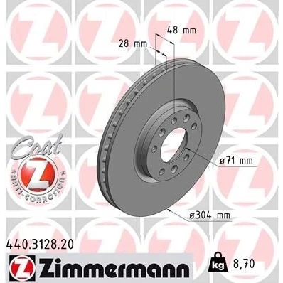 Imagen de ZIMMERMANN COAT Z 440.3128.20 Disco de freno 304 28 8/5 5 108 ventilación interna revestido PEUGEOT: 407 Berlina, 508 I 308 II Hatchback