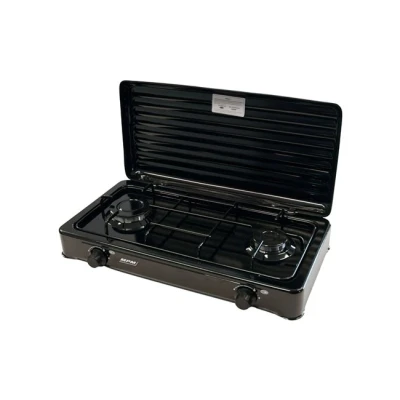 Imagen de Cocina De Gas Portátil Camping, 2 Quemadores, Rejilla Esmaltada, Tapa Protectora,normativa G30 37 Mbar Mpm Kn 02/1kb Negro
