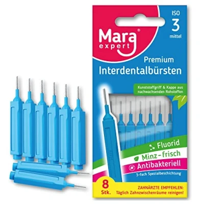 Imagen de Cepillo interdental azul MARA EXPERT 0,6 mm ISO 3 medianos 8 Cepillos interdentales Bioplástico para espacios Con sabor a menta clorhexidina fluoruro