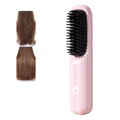 Imagen de Plancha De Pelo Recargable, Cepillo Alisador Multifuncional Sin Cable, Peine Caliente, Recargable USB Con 3 Niveles Calentamiento Para Todo Tipo Cabello (Pink)