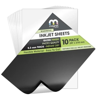 Imagen de Juego de 10 hojas magnéticas papel fotográfico brillante para impresoras chorro tinta, imanes imprimibles, A4