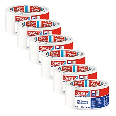 Imagen de tesa Cinta de PVC estándar 60399 para trabajos yeso y pintura, pegar cubrir color blanco 33 m x 50 mm 6 unidades