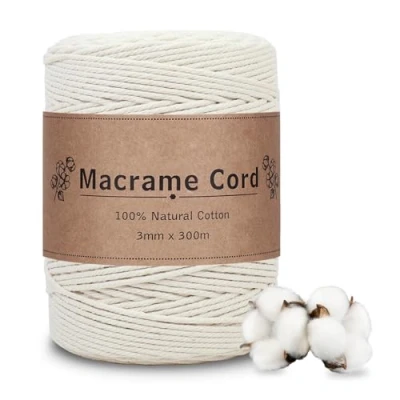 Imagen de VORHOT Hilo Macrame 3mm Beige, 300M Cuerda 3mm, Cordon Natural, Cordón de Algodón Macramé para Tapices, Colgadores Plantas, Manualidades Bricolaje, Hogar Decoracion Bohemia