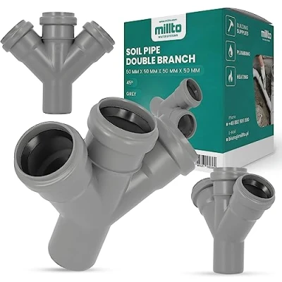 Imagen de Millto™ Tubo de desagüe doble derivación 50 x 45º gris sistema residuos, manguito, tubería alcantarillado, conexión para alcantarillado polipropileno