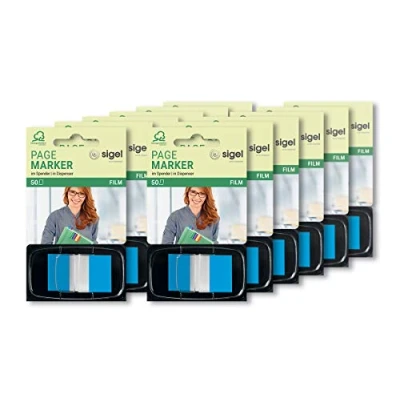 Imagen de SIGEL HN491 Marcapáginas adhesivos, cinta de filme transparente en repartidor Z, 12 fundas 50 tiras 43 x 25 mm, Color Tip azul
