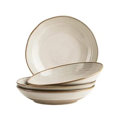 Imagen de MÄSER Serie Nottingham juego de 4 platos sopa con filigrana líneas y esmalte noble, grandes profundos para pasta sopas cerámica en un moderno aspecto vintage, gres, beige