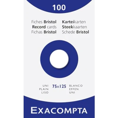 Imagen de Exacompta Ref. 13301E Caja de 10 cajas 100 enchufes Bristol lisos sin perforar, formato 75 x 125 mm, compatible con impresora inyección tinta, láser y fotocopiadora, color blanco