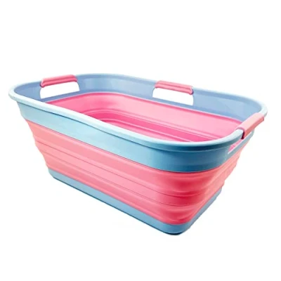 Imagen de SAMMART cesta de almacenamiento plegable plástico 21 litros, contenedor desplegable plegable, tina lavado portátil, ahorro espacio (azul frío/rosa maglia)