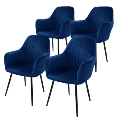 Imagen de ML Design 4X Sillas de Comedor Azules Ergonómicas, Asiento Tapizado Aspecto Terciopelo Patas Metal con Respaldo y Reposabrazos Sillón Moderno para Mesa Salón Oficina Dormitorio Cocina