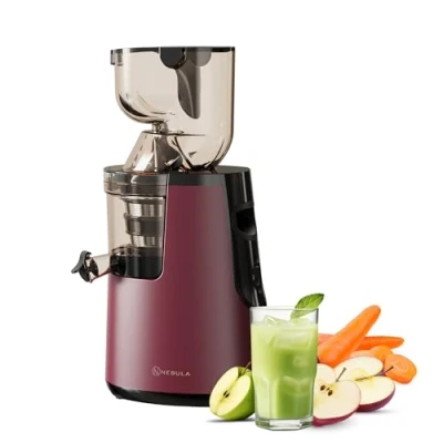 Imagen de Nebula Grande 45RPM Exprimidor lento de prensado en frío Frutas y verduras enteras, zumo fresco saludable, sorbete, helado, conducto alimentación boca ancha (rojo intenso)