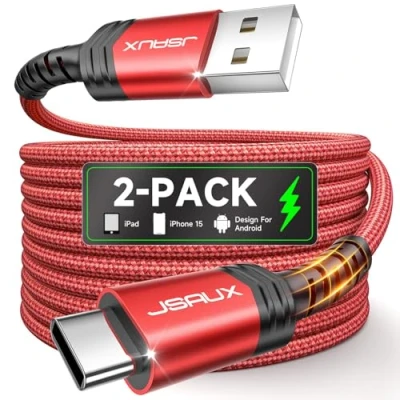 Imagen de JSAUX Cable USB C Carga Rápida [2 Pack, 2M] 3,1A Cargador Tipo Nailon Trenzado Compatible con Phone 16 15 Pro, Samsung S24 S23 Ultra A55 S22 S21, CarPlay, Android Auto, PS5 Controller Rojo