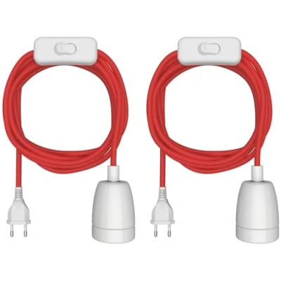 Imagen de ledscom.de 2 piezas cable textil LEHA II, enchufe, interruptor, rojo, blanco, 3 m, toma de porcelana, 1x E27 máx. 300W