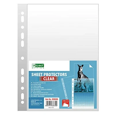Imagen de D.RECT, Fundas Multitaladro, 55 Micras, Tamaño A4, Folio Cristal, Pack de 100 Unidades, Perforadas Transparentes, Bolsillos Polipropileno (009606)
