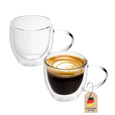 Imagen de INTIRILIFE Juego de 2X Vasos Termo Doble Pared 200 250ml con Boca soplada aislados para Espresso Cappuccino, té café Latte Macchiato Tazas, Efecto Flotante asa