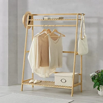 Imagen de [en.casa] Armario para Ropa Clóset con 2 Estantes Ganchos Zapatos Bolsos Sombreros 1 Barra de Colgar Perchero Burro Bambú Práctico 139 x 100 40 cm Natural