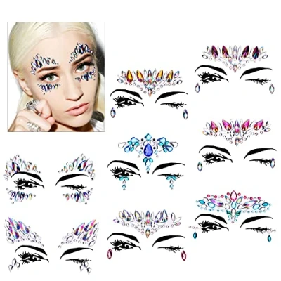 Imagen de Face Gem Stickers, Howaf 8 piezas Etiqueta engomada de diamantes imitación cara Joyas Pegatinas cristal Tatuajes Temporales falso para Bindi Cuerpo Maquillaje Festival Fiesta
