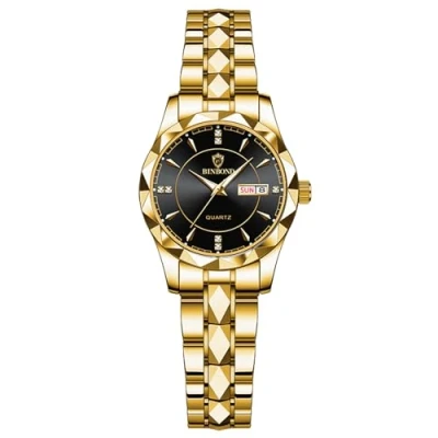 Imagen de JewelryWe Reloj Cuarzo Analógico Parejas: Relojes Redondo Resistente al Agua para Mujer Calendario Escala de Barras Luminoso Correa Acero Inoxidable Extraíble Ocio Negocios Regalos