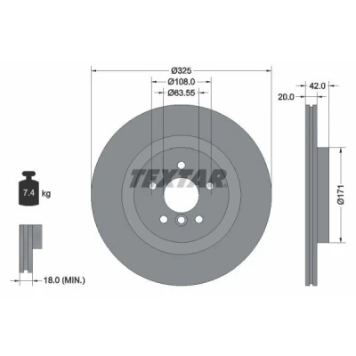 Imagen de TEXTAR 92318105 Disco de freno 325 20 05/06 108 ventilación interna revestido altamente carbonizado sin perno sujeción rueda, buje rueda