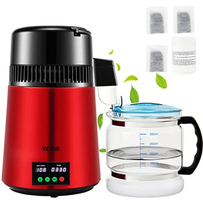 Imagen de VEVOR Destilador de Agua 4 L Filtro Destilación con Recipiente Vidrio 750 W 1 L/H Ajuste Velocidad, Purificador 7,9 lbs Acero Inoxidable Pantalla Doble, Rojo