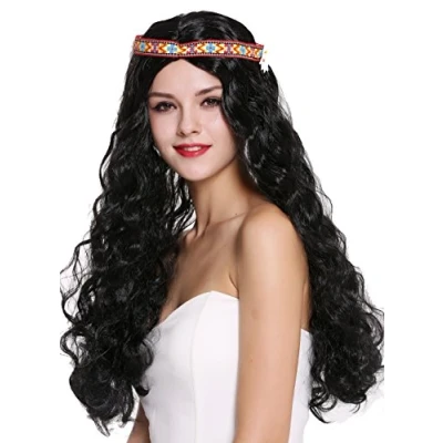 Imagen de WIG ME UP 91298 ZA103 Peluca Mujer Hombre Carnaval Halloween Hippy 60s 70s Largo Negro Ondulado Partido Medio Cinta Flor