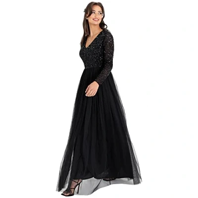 Imagen de Maya Deluxe Womens Ladies Dress Sleeve for Wedding Guest V Neck High Empire Waist Maxi Long Length Evening Bridesmaid Prom Vestidos, Black, 40 De Las Mujeres