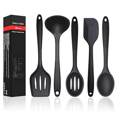 Imagen de Juego de utensilios cocina silicona, 5 piezas resistentes al calor, antiadherentes, espátula/volteador/cuchara servir/cucharón sopa/cuchara ranurada, para el hogar y camping
