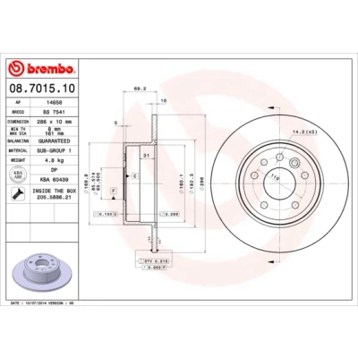 Imagen de BREMBO 08.7015.10 Disco de freno 286 10 5 macizo con tornillos OPEL: Vectra B Berlina, CC, Familiar