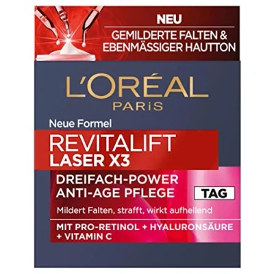 Imagen de L&#039;Oréal Paris Cuidado del día, reafirmante y relleno facial antienvejecimiento con 3 acciones, ácido hialurónico, vitamina C proretinol, Revitalift Laser X3, 50 ml