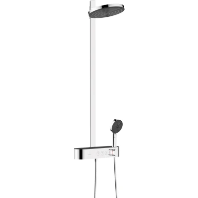 Imagen de hansgrohe Pulsify S, sistema de ducha ahorro agua (EcoSmart) con termostato, lluvia 260mm, mano (3 tipos chorro), flexo, barra, fija redondo (2 cromo