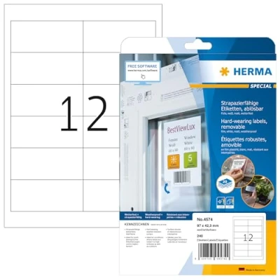 Imagen de HERMA 4574 Etiquetas de papel aluminio resistentes a la intemperie, extraíbles, 20 hojas, 97 x 42,3 mm, 12 hojas por A4, 240 unidades, autoadhesivas, imprimibles, mate, en blanco, blanco