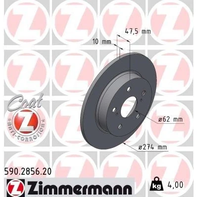 Imagen de ZIMMERMANN 590.2856.20 Disco de freno 274 10 7/5 5 114 macizo revestido TOYOTA: Corolla XII Familiar, Hatchback