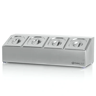 Imagen de Mahlzeit Contenedor de Ingredientes con Tapa Acero Inoxidable 68,5 x 24,5 21,5 cm 4 recipientes GN 1/6 Para Catering, Gastromía, Cocina, Estación Pizza, Buffet, Barra Ensaladas