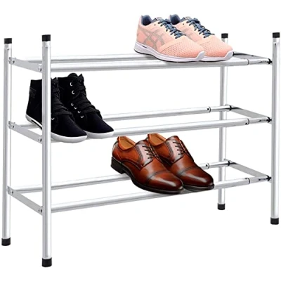 Imagen de RevolutionLine Zapatero de 3 niveles extensible y apilable, metálico con acabado cromado, 62 a 113 cm largo x 23 ancho 51 alto Capacidad para 18 pares zapatos Ampliable