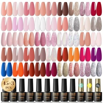 Imagen de ROSALIND 48Pcs Esmalte Semipermanente, 45 Colors Mini Rosa Rojo Nude jelly Glitter Pintauñas Semipermanentes，Esmalte de Uñas Semipermanentes Principiantes Art DIY