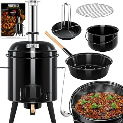 Imagen de KESSER® olla de goulash con función barbacoa, parrilla esférica + asador pollo, sartén 8 litros, 17 litros esmaltada tapa para el exterior, cocina campo