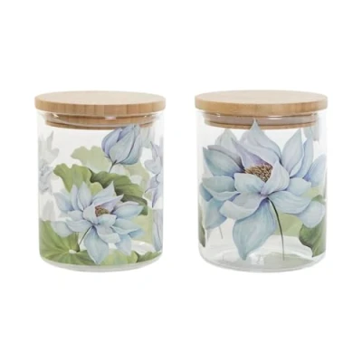 Imagen de DKD Home Decor Bote Azul Blanco Verde Natural Silicona Bambú Vidrio de Borosilicato 1,4 L 10 x 22 cm (2 Unidades)