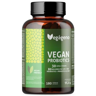 Imagen de Vegágeno Probióticos y Prebióticos Intestinales 180 cápsulas Vegetales, 30 Cepas Bacterianas, 80 Billones UFC con Zinc. Tambien Probioticos mujer flora intima. Apto para Veganos. Sin Gluten.
